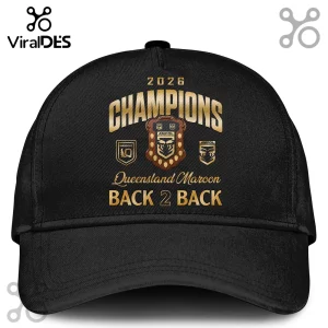 Black baseball cap featuring gold 2026 Champions text, shield icons, and Queensland Maroon Back 2 Back embroidery.!