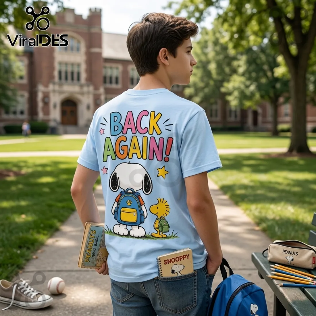 Snoopy and Woodstock Back to School Light Blue T-Shirt Snoopy and Woodstock Back to School Light Blue T-Shirt