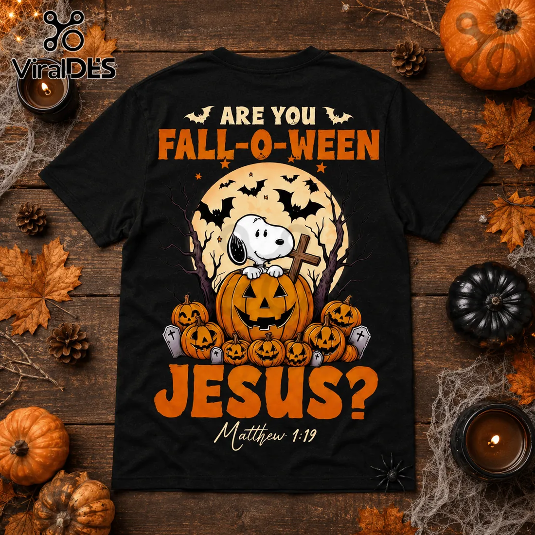 Snoopy Fall-O-Ween Jesus Two-Sided Black T-Shirt Snoopy Fall-O-Ween Jesus Two-Sided Black T-Shirt