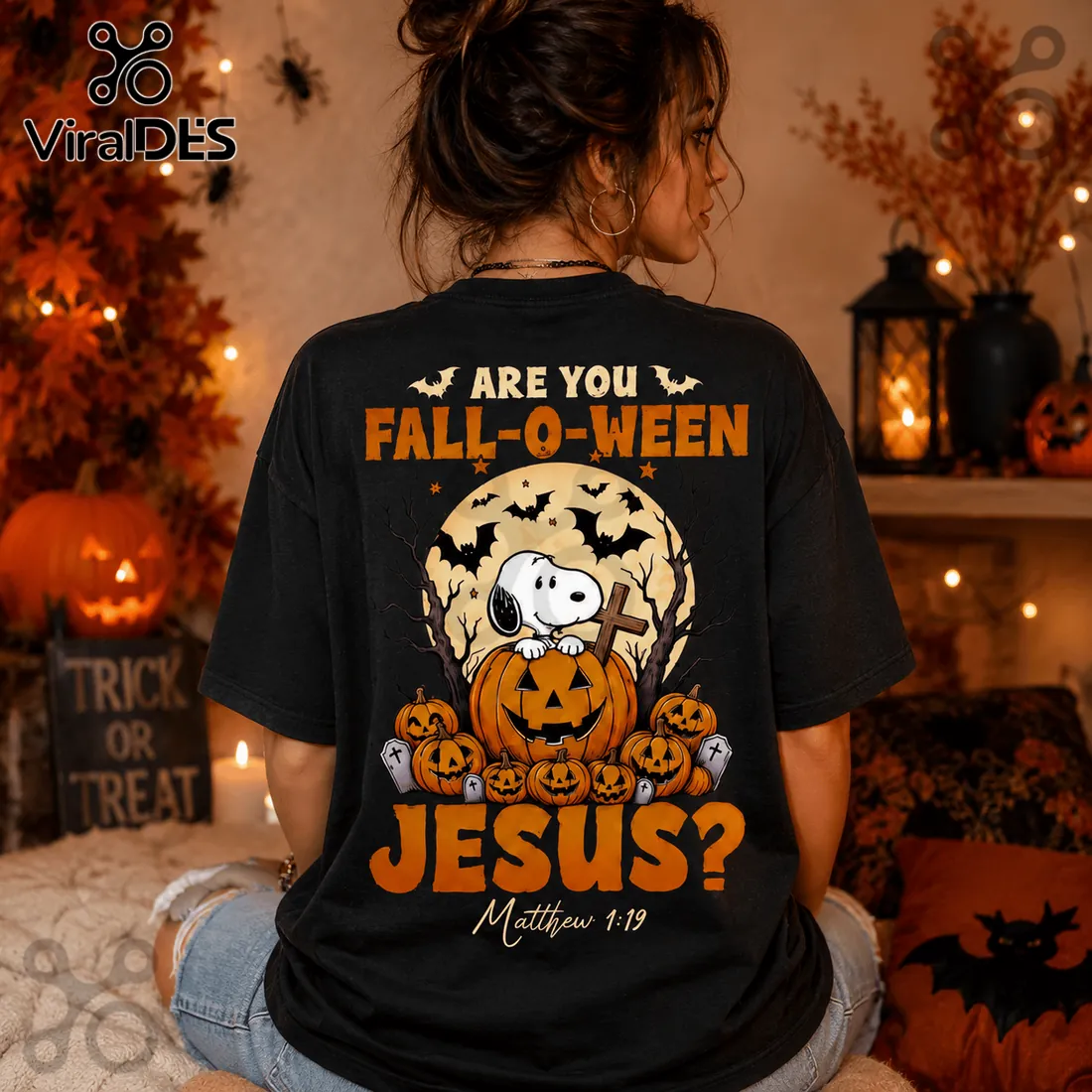 Snoopy Fall-O-Ween Jesus Two-Sided Black T-Shirt Snoopy Fall-O-Ween Jesus Two-Sided Black T-Shirt