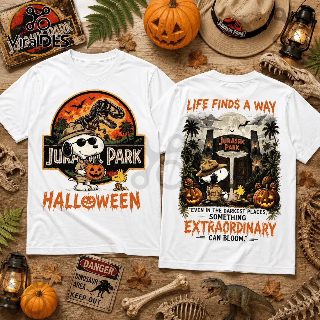 Snoopy x Jurassic Park Halloween White T-Shirt Snoopy x Jurassic Park Halloween White T-Shirt