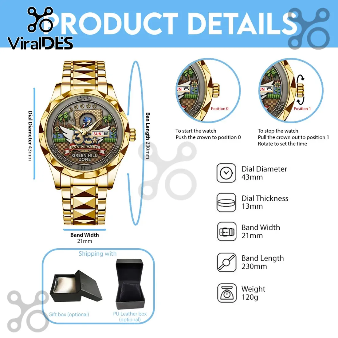 Sonic The Hedgehog 35th Anniversary Gold Tone Quartz Watch Sonic The Hedgehog 35th Anniversary Gold Tone Quartz Watch