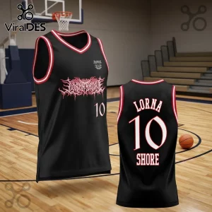 Black basketball jersey with red and white trim featuring Lorna Shore metal band logo and number 10 on front and back.!