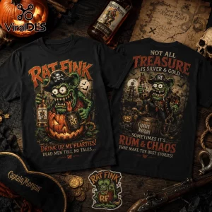 Rat Fink Haunted Treasure Captain Morgan T-Shirt featuring a green monster pirate character, pumpkins, and rum imagery.