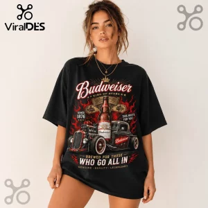 Black cotton t-shirt featuring Budweiser King of Beers logo, a vintage hot rod, and beer bottle graphic print.!
