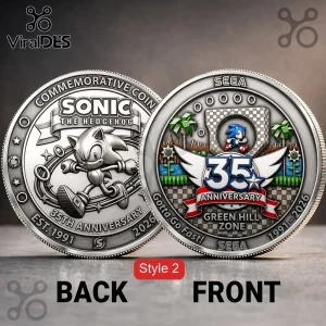 Sonic the Hedgehog 35th anniversary commemorative metal coin showing front and back designs in silver relief finish.!