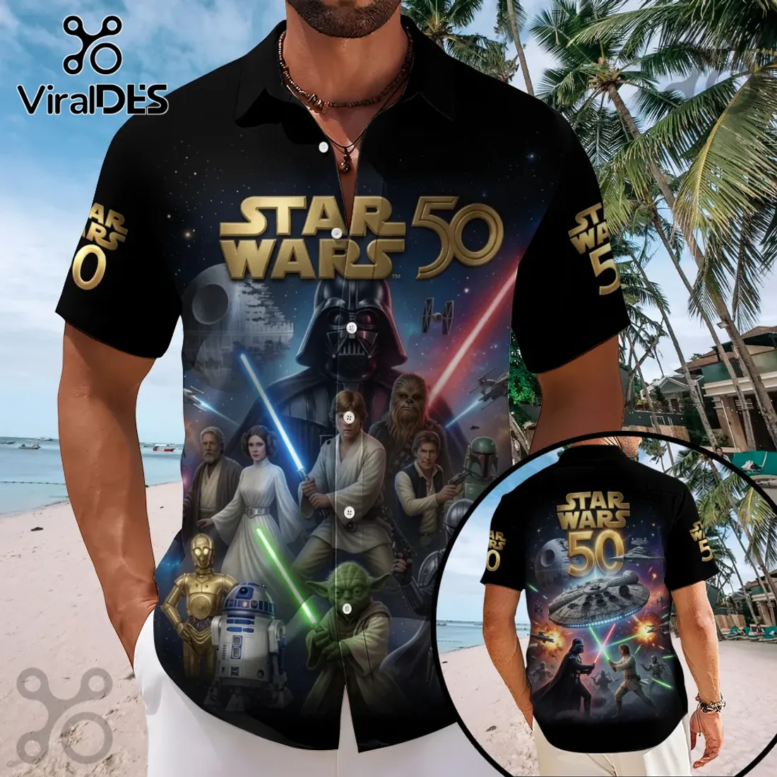 Star Wars 50th Anniversary Black Short Sleeve Button-Down Shirt Star Wars 50th Anniversary Black Short Sleeve Button-Down Shirt