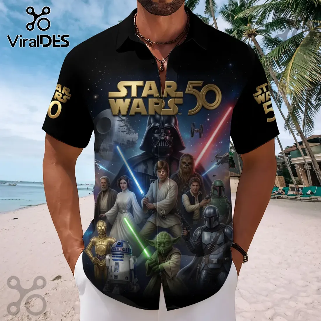Star Wars 50th Anniversary Black Short Sleeve Button-Down Shirt Star Wars 50th Anniversary Black Short Sleeve Button-Down Shirt