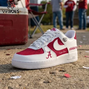 Custom Alabama Crimson Tide leather sneaker with white and crimson panels, A-logo, elephant mascot emblem, and Air branding.!