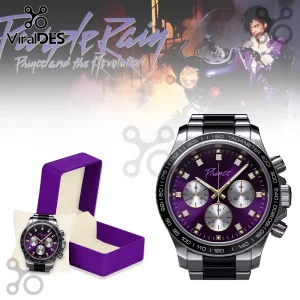 Prince Purple Rain Black Chronograph Watch featuring a deep violet face, metallic indices, and a black stainless band.
