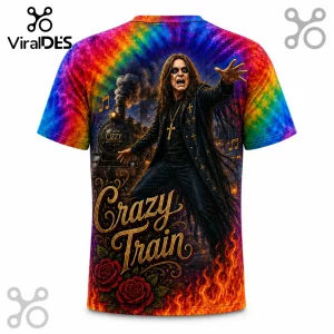 Ozzy Osbourne t-shirt featuring a Crazy Train locomotive, flames, and roses on a vibrant rainbow tie-dye pattern.!