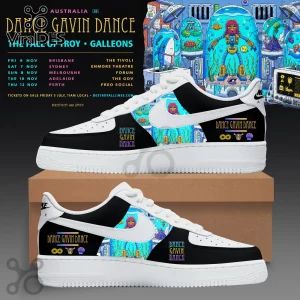 Dance Gavin Dance custom Nike Air Force 1 sneakers with black panels, white swooshes, and sci-fi underwater graphic art.!