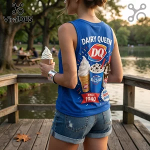 Dairy Queen Retro Since 1940 V-Neck Tank Top worn by a woman holding ice cream with DQ branding on blue fabric background.
