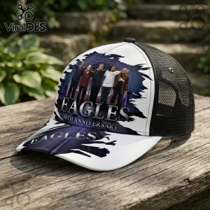 Eagles Band 50th Anniversary Greatest Hits baseball cap with a band member graphic, black mesh back, and white front panel.