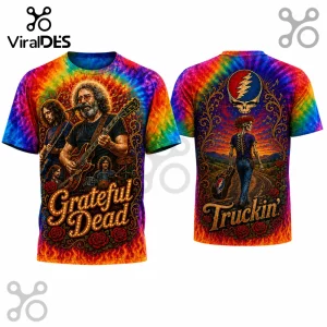 Grateful Dead tie-dye t-shirt featuring Jerry Garcia on the front and a skeleton on the back with Truckin text.!