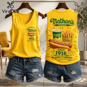Nathan's Famous Since 1916 V-Neck Tank Top in yellow featuring a hot dog, crinkle-cut fries, and logo graphic print.