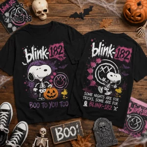 Blink-182 x Snoopy Skeleton Halloween black t-shirt featuring graphic prints of Snoopy as a skeleton and band logos.