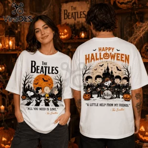 The Beatles x Peanuts All You Need Is Love Halloween T-Shirt featuring cartoon characters in a spooky graveyard scene.