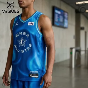 WNBA 2026 All-Star Chicago blue replica basketball jersey featuring a white star graphic, Ally logo, and player silhouette.