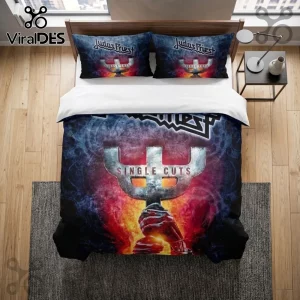 Judas Priest Single Cuts bedding set featuring a metal trident, red flames, and dark blue smoke on a duvet and pillowcases.!