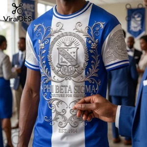 Phi Beta Sigma t-shirt featuring silver 3D emblem, Greek letters, scrollwork, and blue and white vertical panels.!