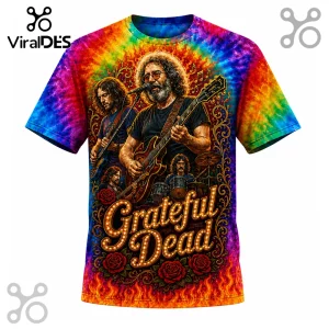 Grateful Dead tie-dye t-shirt featuring Jerry Garcia playing guitar, red roses, and flame patterns in neon colors.!