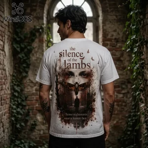 The Silence of the Lambs Death’s-Head Moth Horror T-Shirt with graphic print on back, featuring a moth and dark forest.