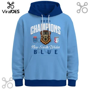 Light blue hoodie with NSW Blues 2026 Champions graphics, Ampol shield logo, and dark blue hood and waistband.!