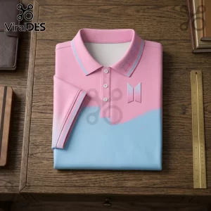 BTS x Army Custom Name Pink Polo Shirt featuring a light pink and blue gradient, BTS logo, and white buttons on a desk.