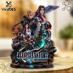 Final Fantasy VII 30th Anniversary collectible figure featuring Cloud, Aerith, Tifa, and Midgar cityscape base.!