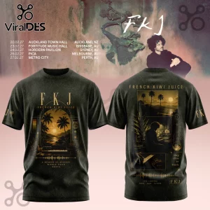 Black t-shirt featuring FKJ French Kiwi Juice tour graphics, gold sunset, palm trees, and studio keyboard illustrations.!
