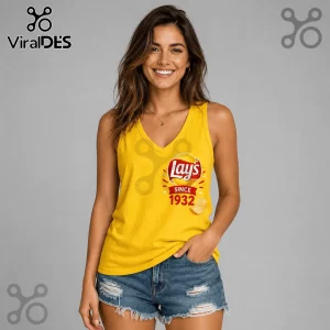 Lays Classic Potato Chips V-Neck Tank Top in yellow worn by a smiling woman with denim shorts.