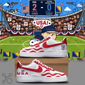 Custom white and red sneakers featuring USA flag waves, US soccer team logos, and cartoon characters on a stadium backdrop.!