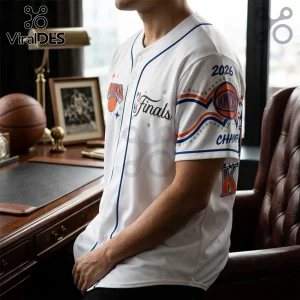 White New York Knicks baseball-style jersey with blue trim, NBA Finals logo, and 2026 championship graphics on the sleeve.!