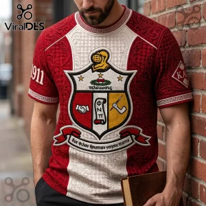 Kappa Alpha Psi fraternity t-shirt featuring crimson and cream ornate patterns, a central crest with Greek text, and 1911.!