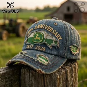 Distressed blue denim baseball cap featuring an embroidered John Deere logo, 189th anniversary text, and 1837-2026 dates.!
