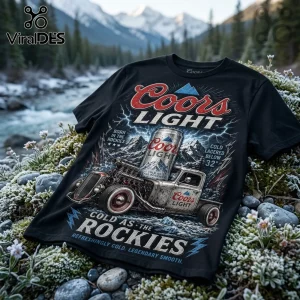 Black graphic t-shirt featuring a Coors Light beer can, vintage hot rod truck, mountain landscape, and lightning bolts.!