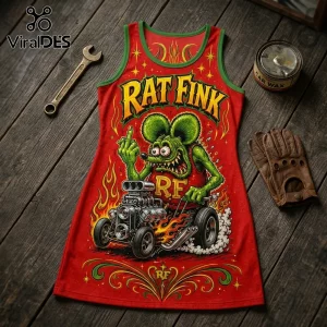 Red tank dress featuring a green Rat Fink character driving a hot rod with flames, set on a wooden surface with tools.!