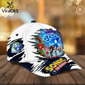 Sonic the Hedgehog 35th anniversary white baseball cap featuring Knuckles, Amy, Shadow, and Sonic on a blue print.!