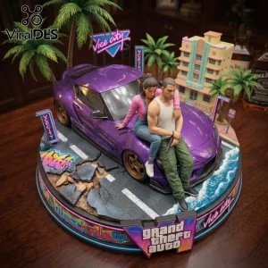 Grand Theft Auto Vice City resin diorama featuring a purple sports car, two figures, palm trees, and neon signage.!