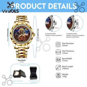 Iron Maiden 50th anniversary gold-tone metal watch with graphic dial, rhinestone bezel, and product specifications listed.!