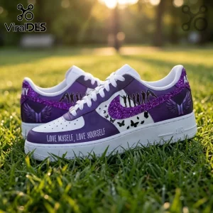 BTS Purple Butterfly Air Force 1 Sneakers featuring purple glitter accents, butterfly motifs, and Love Myself text on grass.