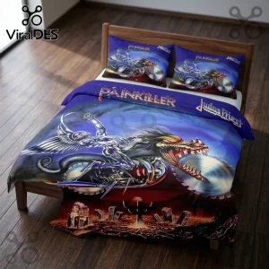 Judas Priest Painkiller bedding set with metallic cyborg graphic, including two pillowcases on a wooden frame bed.!