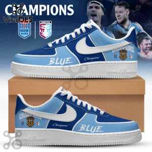Custom blue and white NSW Blues rugby sneakers featuring Champions text, team logos, and white Nike swoosh on brown box.!