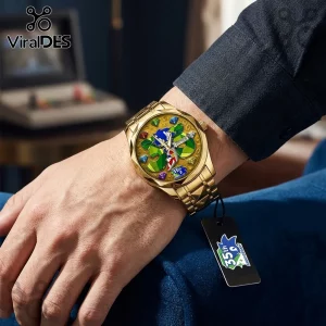 Gold wristwatch featuring Sonic the Hedgehog graphics, green landscape dial, colored gems, and a 35th anniversary tag.!