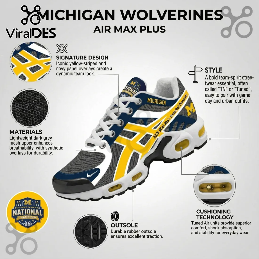 University of Michigan 2026 Basketball Champions Air Max Running Sneakers University of Michigan 2026 Basketball Champions Air Max Running Sneakers