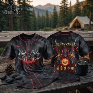 Black tie-dye baseball jersey with death metal skull graphic, red piping, and antler imagery on a wooden table.!