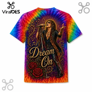 Tie-dye t-shirt featuring a rock singer holding a microphone with gold text reading Dream On and red rose graphics.!
