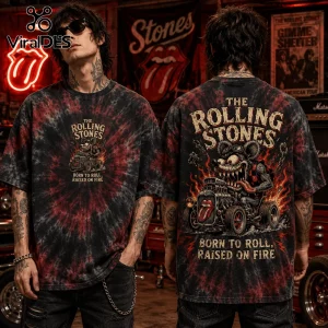 Black and red tie-dye t-shirt featuring The Rolling Stones rat hot rod graphic with Born To Roll, Raised On Fire text.!
