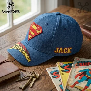 Superman Logo Personalized Denim Baseball Cap features a red and yellow shield patch and embroidered name Jack on brim.